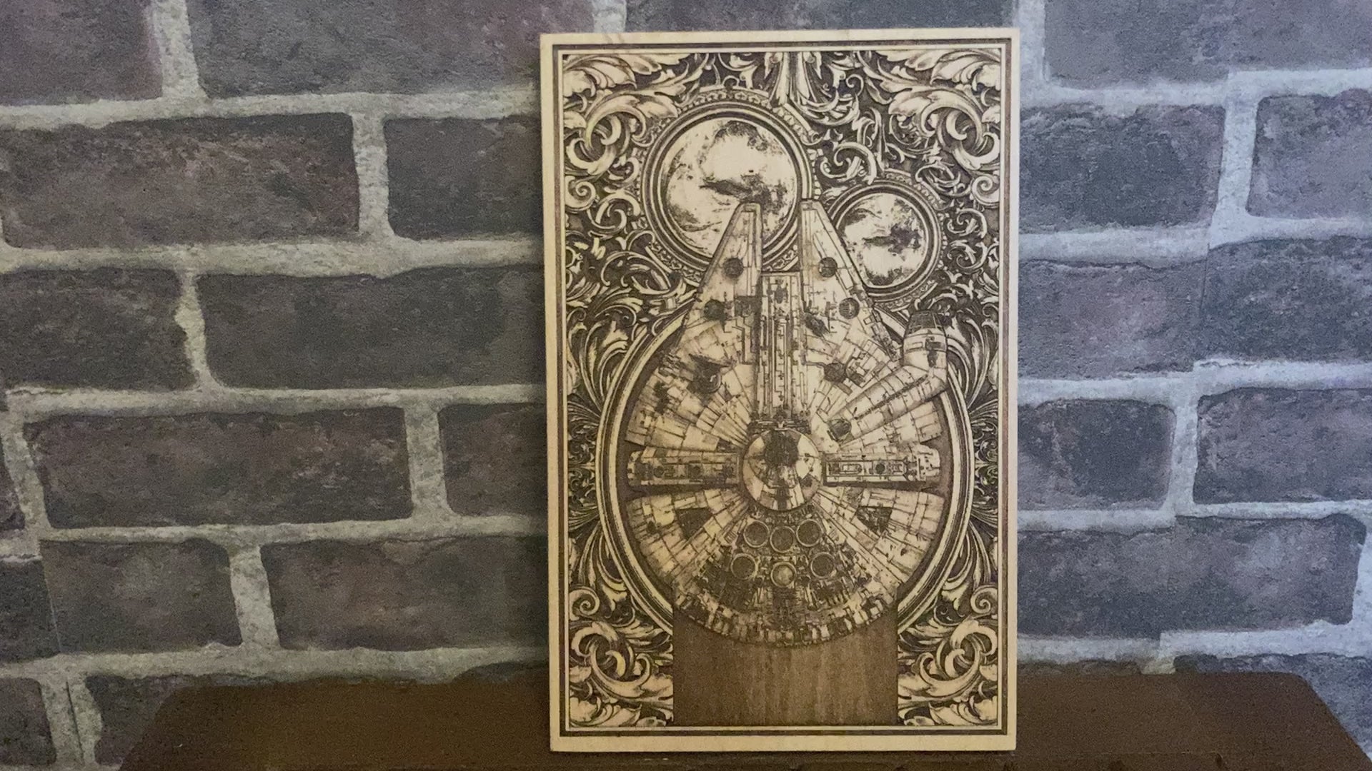 Laser-engraved Millennium Falcon wooden artwork for sci-fi fans