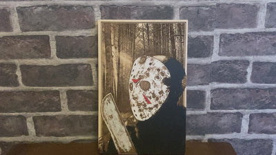 Jason Voorhees horror fan wall art, vintage-style hand-painted wood panel