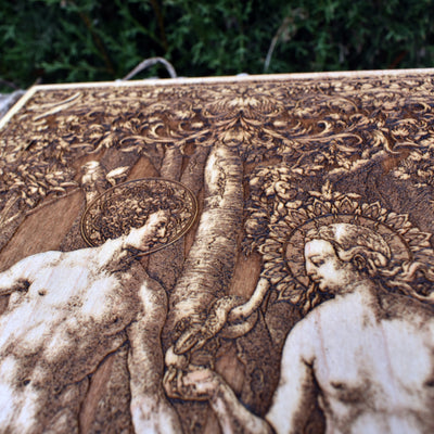 Rustic Christian wood wall art featuring Adam and Eve – handcrafted home decor.