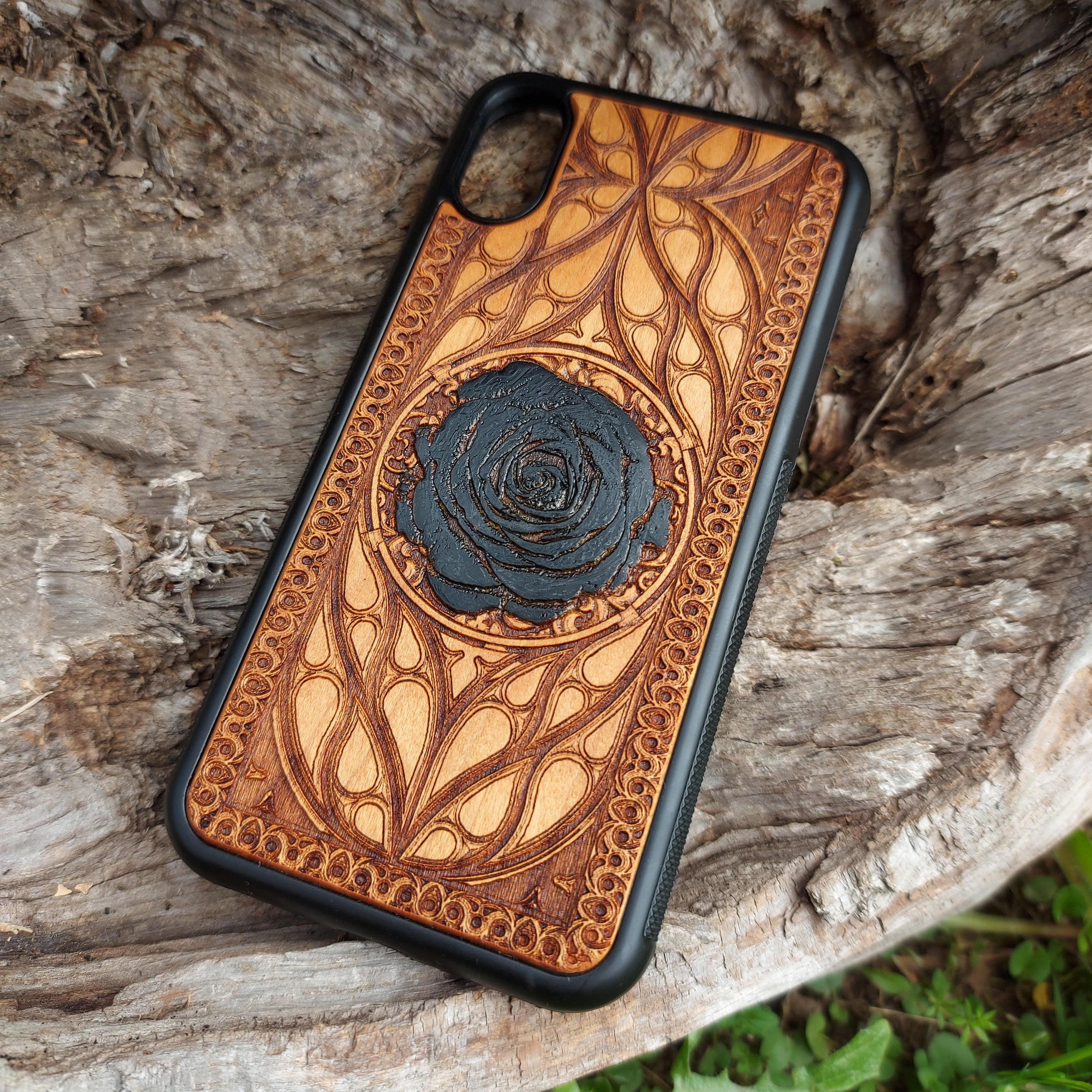 black rose phone wooden case