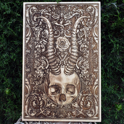 Gothic horned skull Beelzebub wood artwork – dark devil wall decor for horror lovers and gothic art collectors.