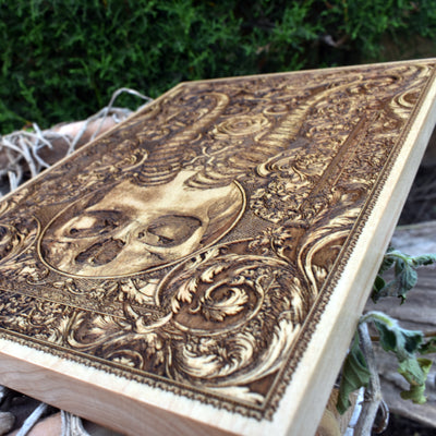 Beelzebub devil skull wood engraving – gothic horror wall decor for man caves and collectors.