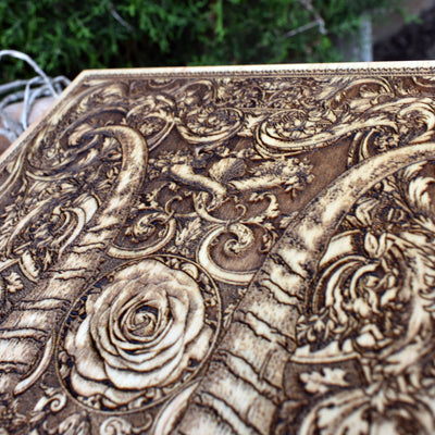 Beelzebub-inspired skull and horns wood artwork – perfect for gothic, occult, and dark art fans