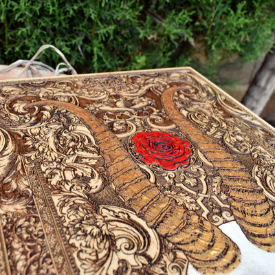 Horned skull gothic wall art, engraved on natural wood panel