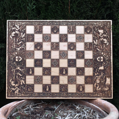 Handcrafted wooden war-themed chessboard with laser engraving – luxury gift idea.