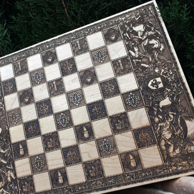 Close-up of intricate laser-engraved wood design on chessboard, perfect for collectors.