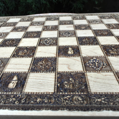 Luxury war-themed chessboard with engraved details – a perfect heirloom chess set.
