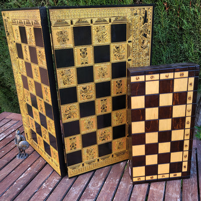 Aztec Chess Board - Black & Gold - Tournament Size