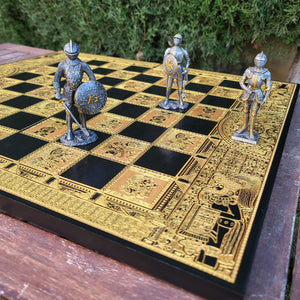 Aztec Calendar Chess & Checkers Board Game Set - Tournament Size Black & Gold 2.12" – 54 mm Square