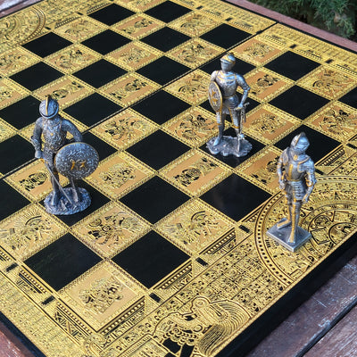 Handcrafted Aztec wooden chessboard, laser-engraved, tournament size, ornate gift for collectors