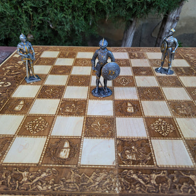 Handmade medieval chessboard with laser-engraved stained wood, tournament-sized and ornate design