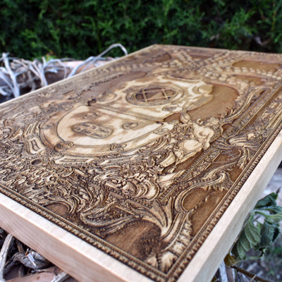 Nautical wall decor with a detailed dive helmet and Kraken, crafted from premium wood and engraved with precision.