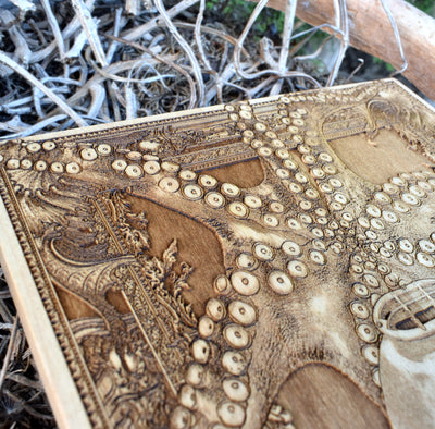 Handmade wooden nautical decor showcasing a dive helmet with a Kraken, perfect for divers and sea adventure lovers.