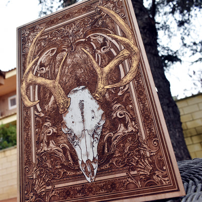 Deer skull wall art with engraved details on wood, perfect personalized gift for husband.