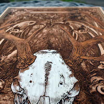Personalized wooden deer skull art, handcrafted rustic wall decor for outdoorsmen.