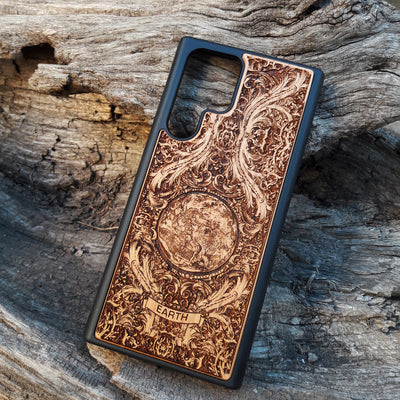 Wooden phone case with a detailed Planet Earth design, available for iPhone , Galaxy S, Note 20, and more. Perfect for eco-conscious users looking for unique, durable phone protection.