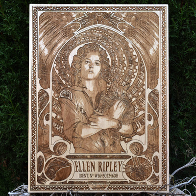 Ellen Ripley laser engraved wood art with sci-fi horror car
