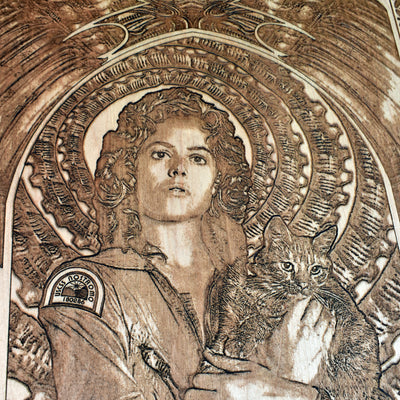 Horror movie wood art with Ellen Ripley in dark space theme
