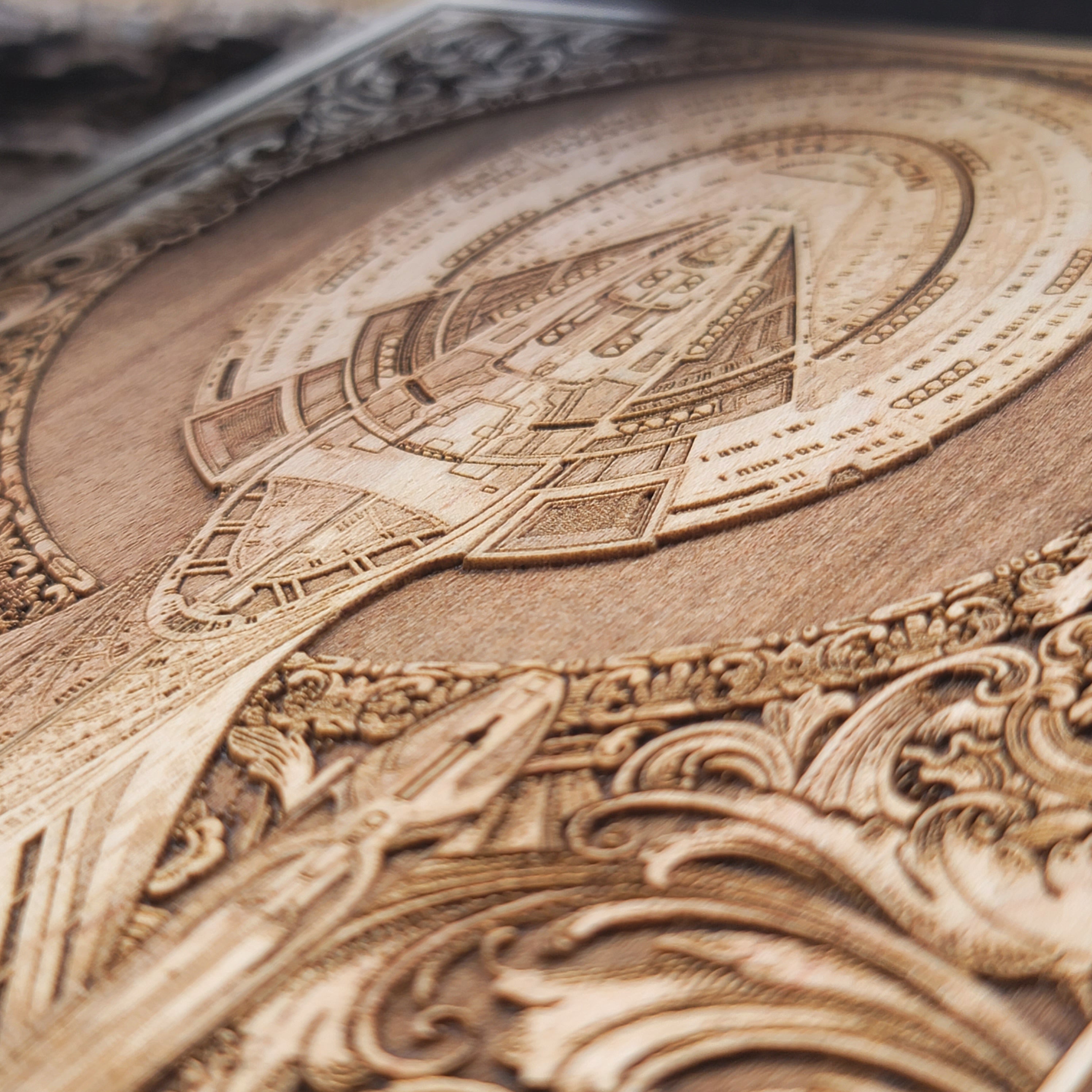 Handmade Enterprise ship artwork, laser-engraved wood wall decor, perfect for sci-fi enthusiasts and collectors.