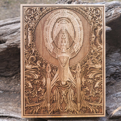 Handmade wooden artwork 'Intergalactic Ship VII Enterprise - Mini' – wood gift for 5 year anniversary, wedding present, gift for him or her, romantic handcrafted decor