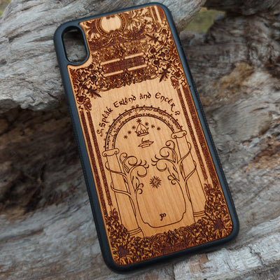 Beautifully engraved wood phone case featuring the iconic Doors of Durin design from Lord of the Rings, compatible with iPhone , Samsung Galaxy S, and other models. Handcrafted with intricate detailing for fans of Tolkien's Middle-earth.