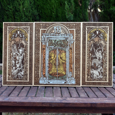 Gates of Hell Triptych – Handcrafted limited edition maple wood engraving with intricate gothic and mythological details.