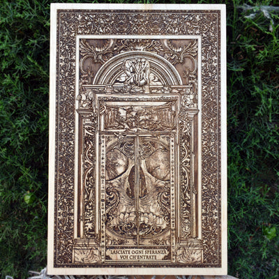 Hell Gate wood wall art – Gothic horror engraving for dark decor lovers.