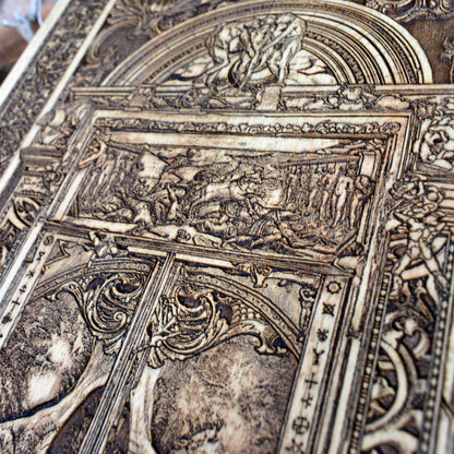 Gothic wood decor with hand-engraved Hell Gate horror design.