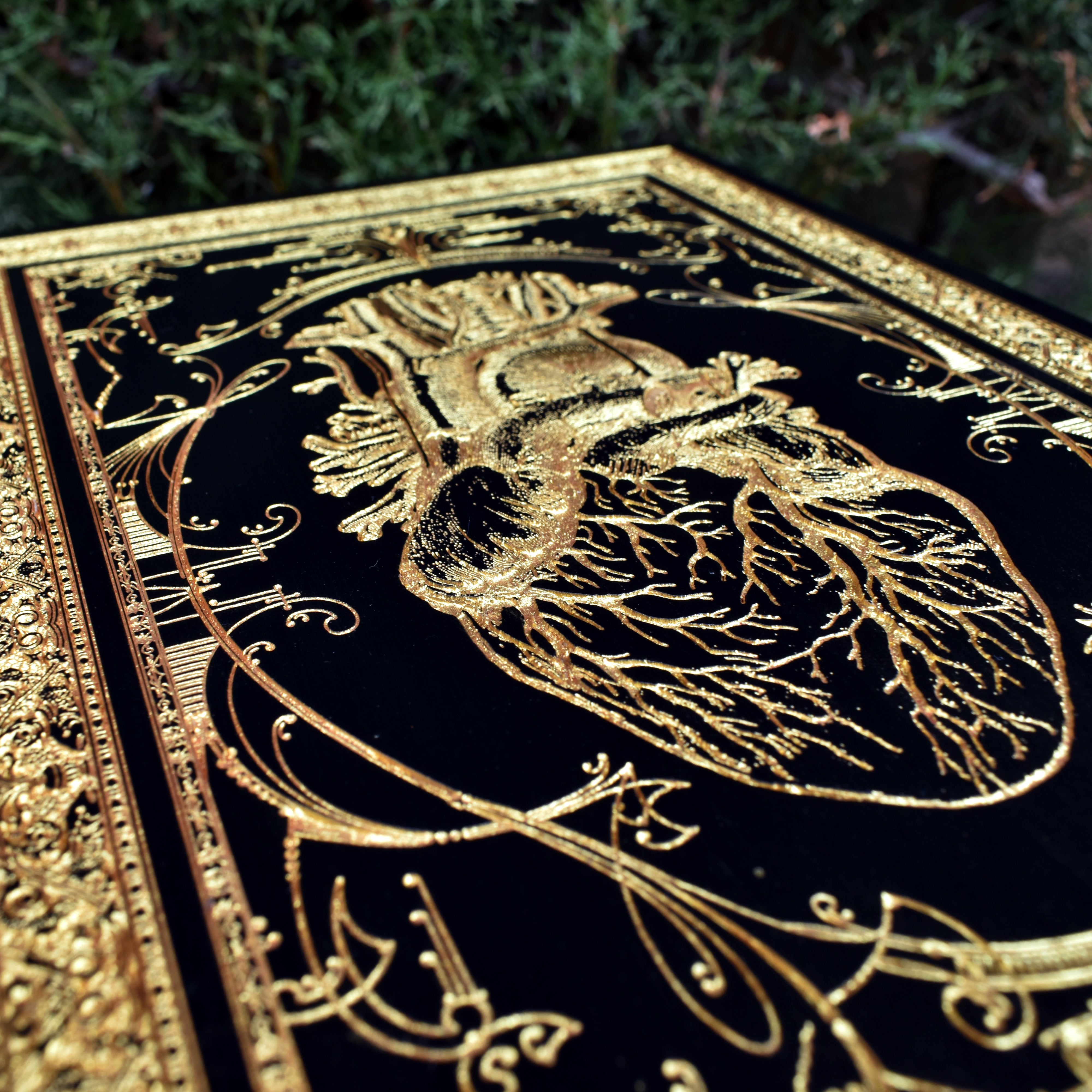 Detailed human heart engraving on wood, ideal for anatomy art collectors.