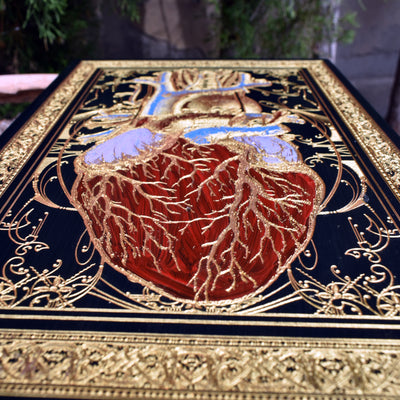 Gothic wood wall art featuring a detailed anatomical heart in gold on black.