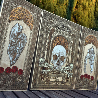 Skull-themed Memento Mori triptych, finely laser-engraved on maple wood. Gothic decor piece for home and art collectors.