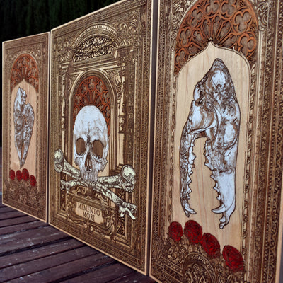 Limited edition maple wood Memento Mori artwork with intricate skull engraving. A perfect gothic wall art piece for dark aesthetics.