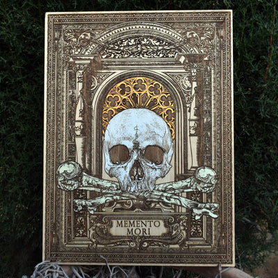 Dark and gothic Memento Mori triptych with engraved skulls on premium maple wood. Collector's edition decor with haunting details.