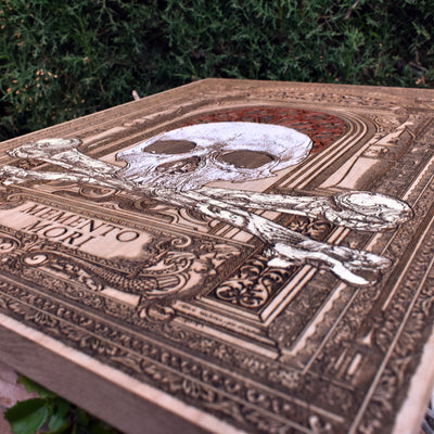 Memento Mori maple wood engraving with haunting skull details. Limited edition gothic artwork, ideal for dark art lovers and macabre decor.