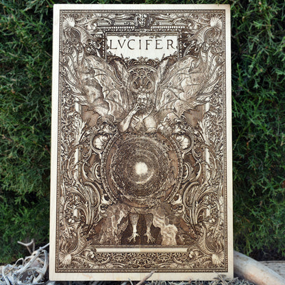 Lucifer Satanic wood artwork featuring a gothic devil design, perfect for horror decor, pagan altars, and satanic temple wall art.