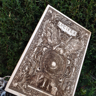 Handcrafted woodcut art of Lucifer, ideal for dark gothic decor, horror fans, and occult collectors.