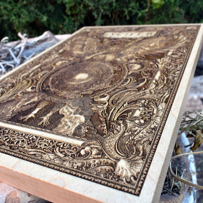 Satanic wall art featuring Lucifer in a demonic, gothic-inspired wood engraving – perfect for pagan or dark altar decor.