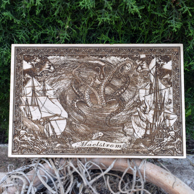 Handcrafted wooden engraving of The Maelstrom, featuring ships caught in a raging ocean whirlpool.