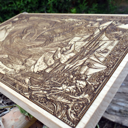 ngraved wooden artwork depicting The Maelstrom, a legendary maritime whirlpool consuming ships.