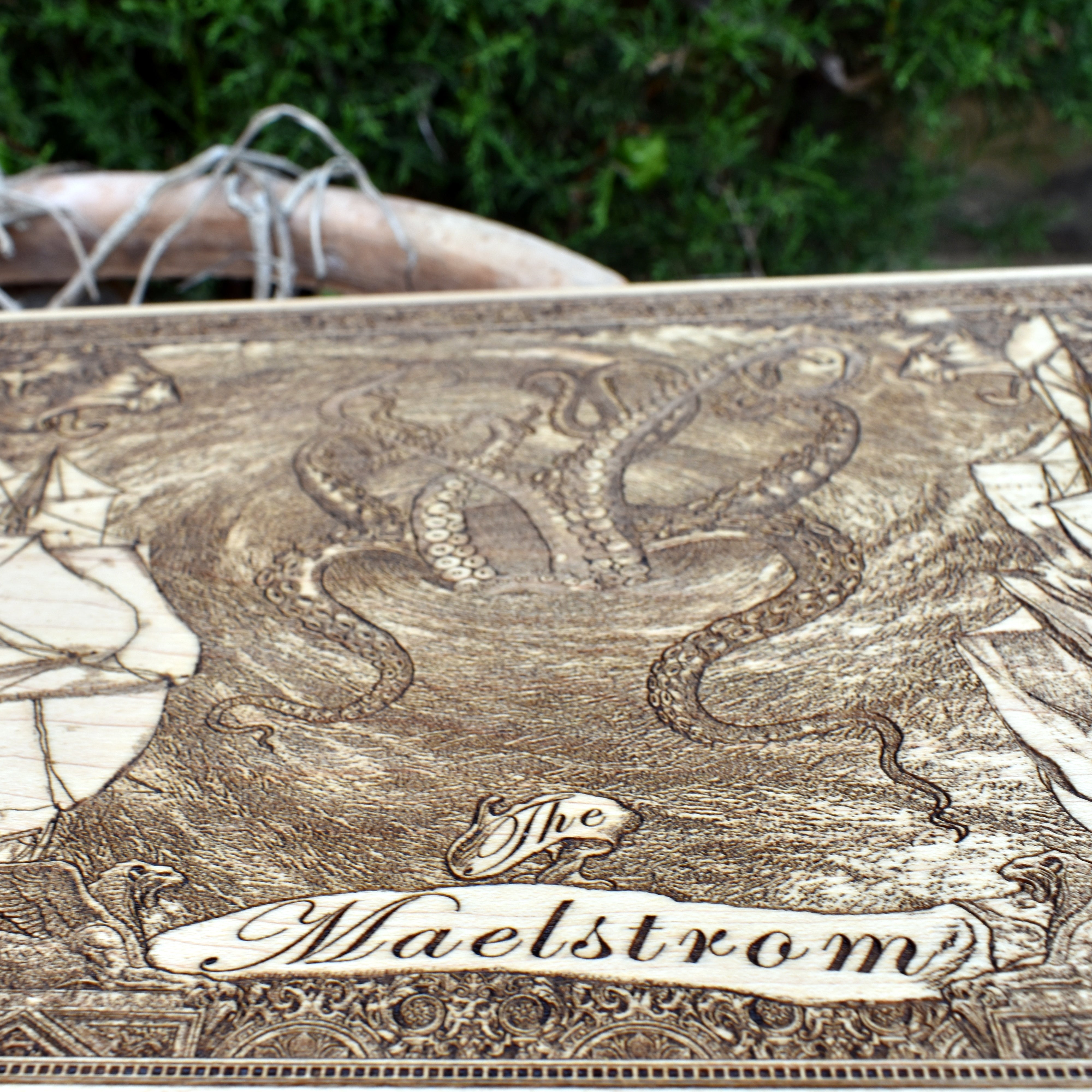 Laser-etched wooden panel of a ship battling the waves in a powerful ocean vortex.