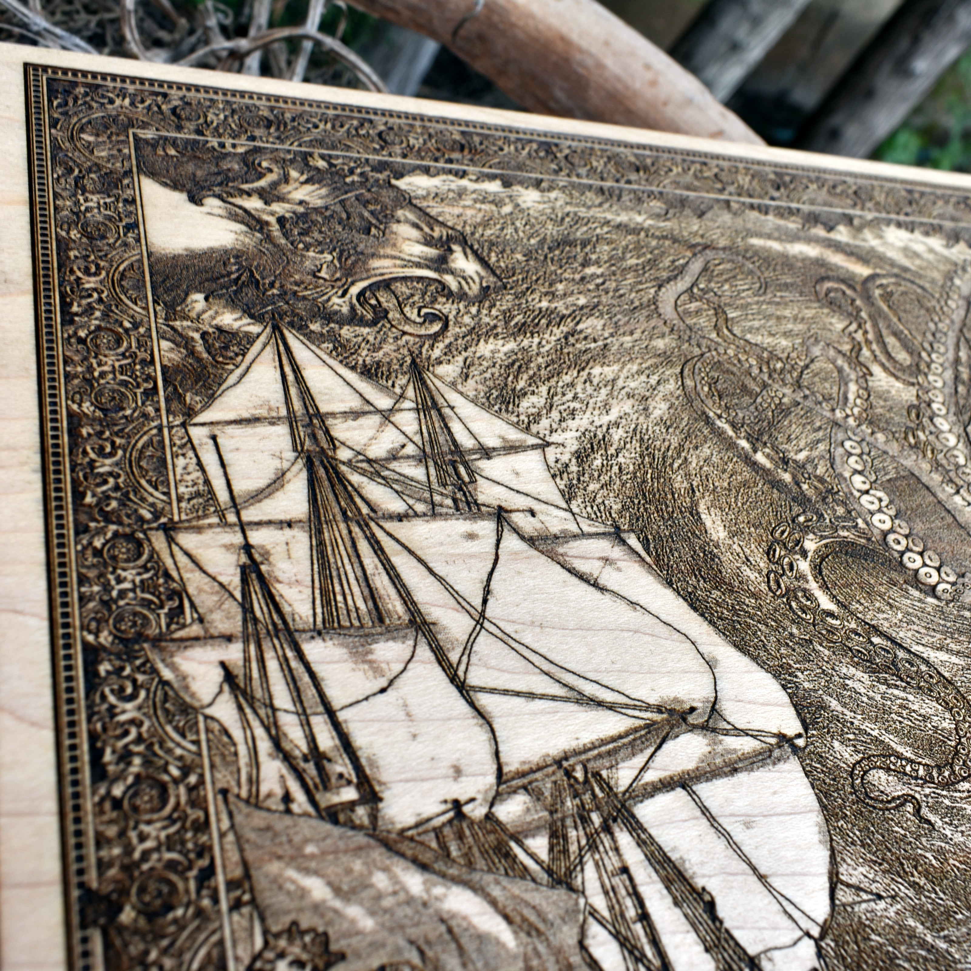 Detailed nautical wood engraving of ships caught in a swirling maelstrom, inspired by maritime history.