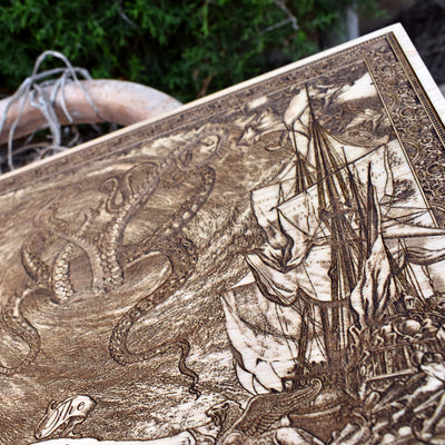 Wooden nautical decor featuring a stormy sea, crashing waves, and a doomed ship in a whirlpool.
