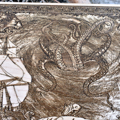 The Maelstrom wood art – a stunning, handcrafted engraving of ocean chaos and shipwreck.