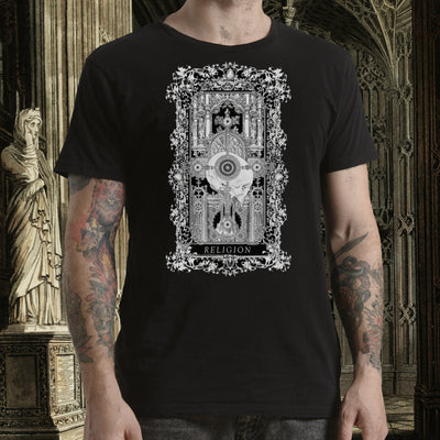 Religion Goth Tee for Men & Women T-Shirt – gothic art, engraved wood, dark fantasy, skeleton design, artisan crafted