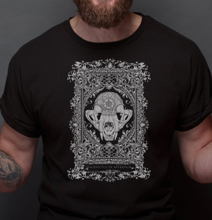 Cat Skull Dark T-Shirt, Black & White Goth Clothing "The Cursed"