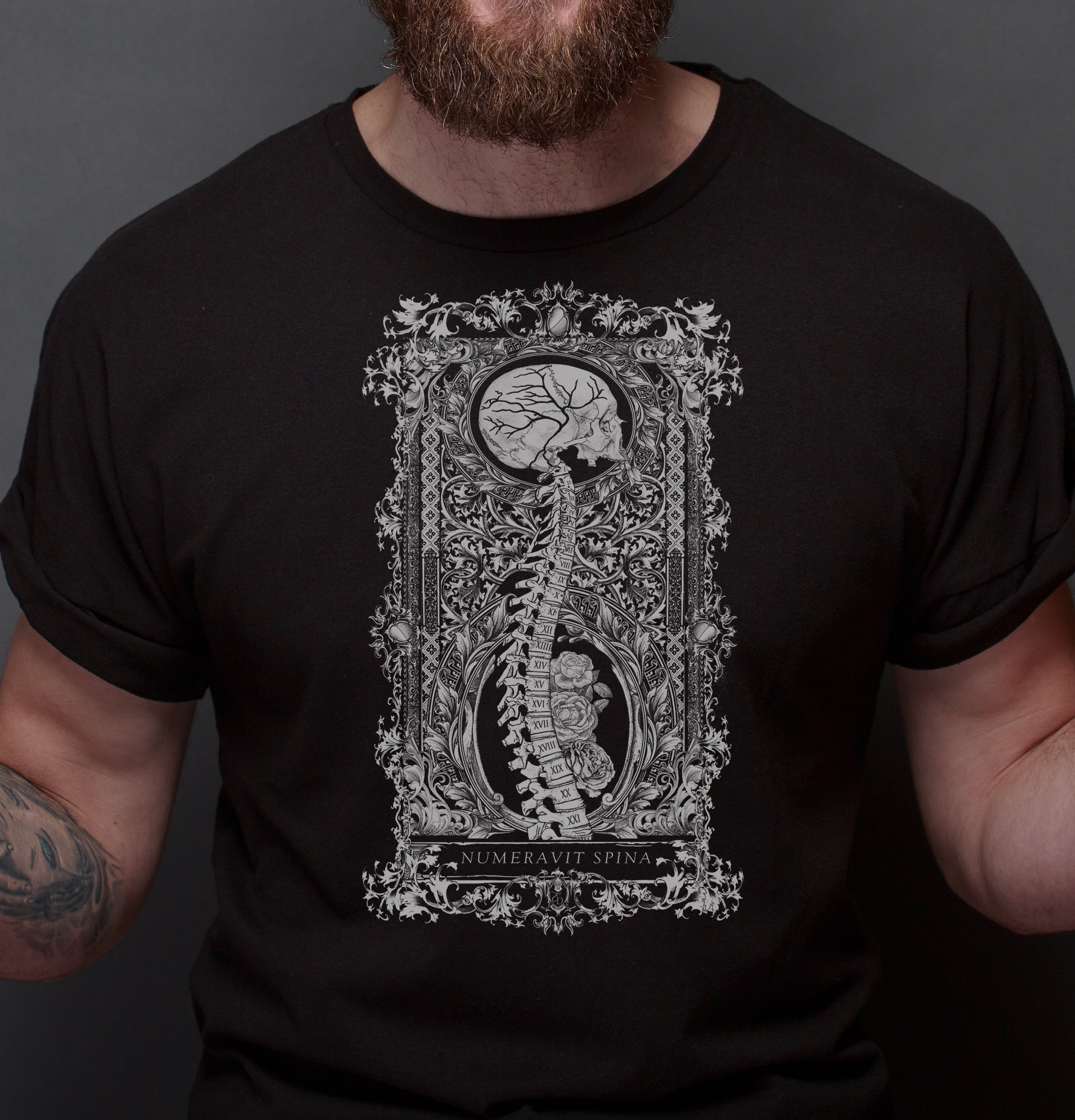 Anatomical Skull & Spine Graphic T Shirt, Black & White Goth Clothing "Spine"