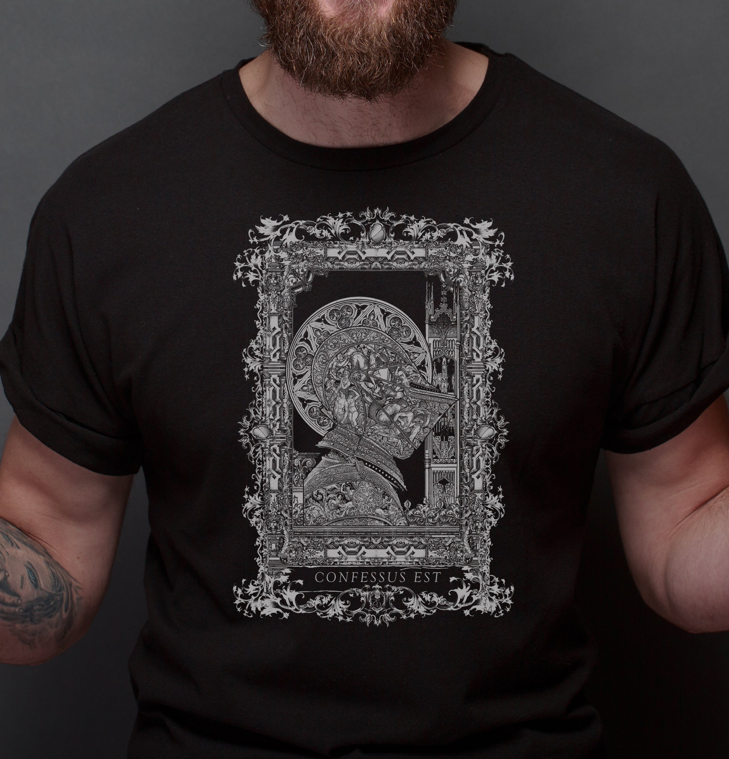 Medieval Knight Armor T Shirt, Black and White Graphic "Confessed"