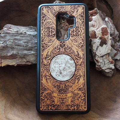 Handcrafted cherry wood moon phone case for iPhone & Galaxy.