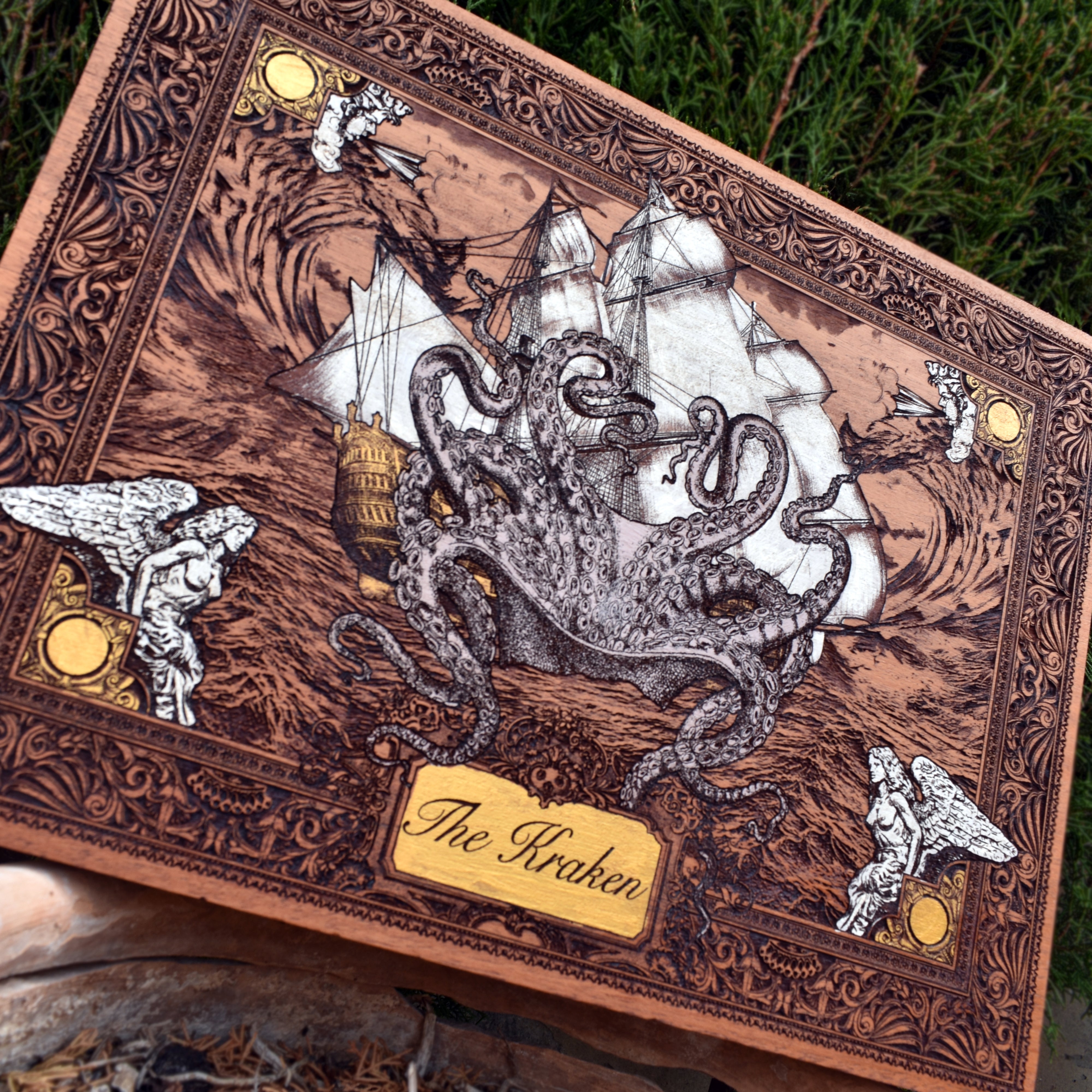 The Kraken Cedar Wood - Large Hand Painted