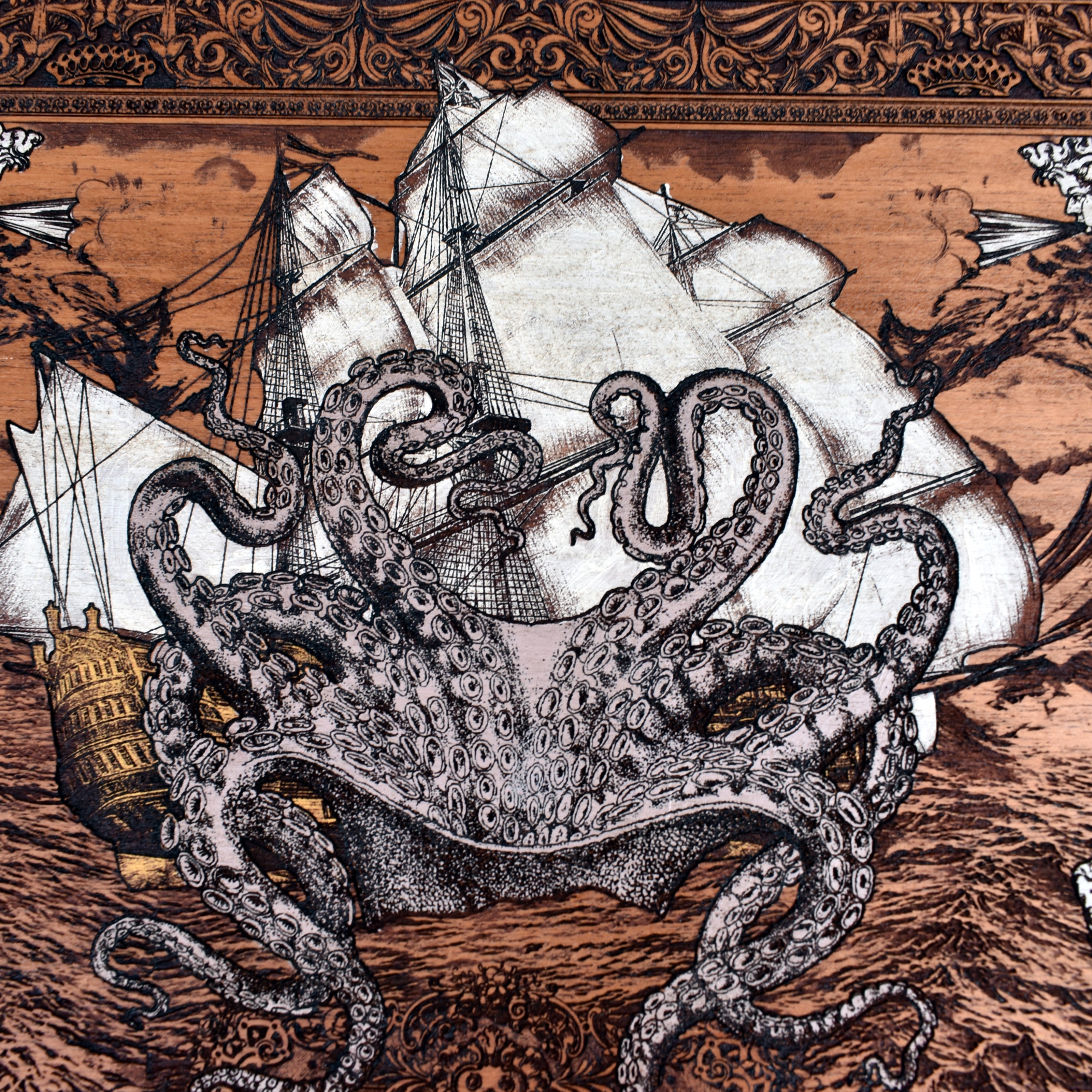 The Kraken Cedar Wood - Large Hand Painted